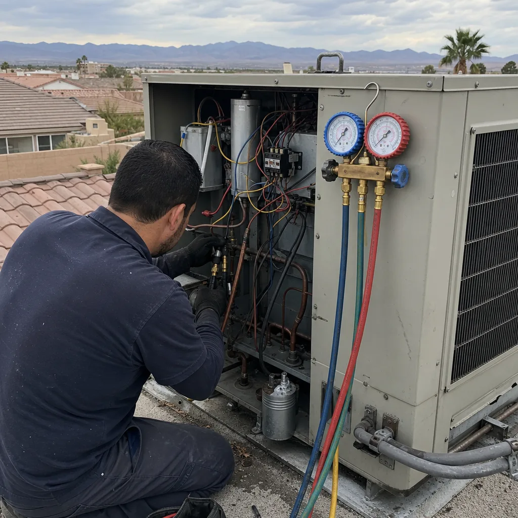 HVAC technician performing professional air conditioning maintenance on a rooftop unit
