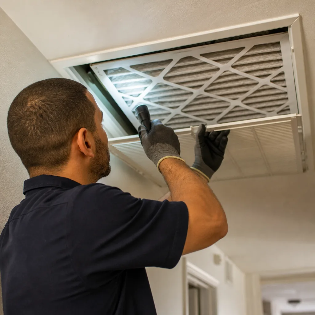 HVAC technician inspecting an air conditioner filter during maintenance service nationwide