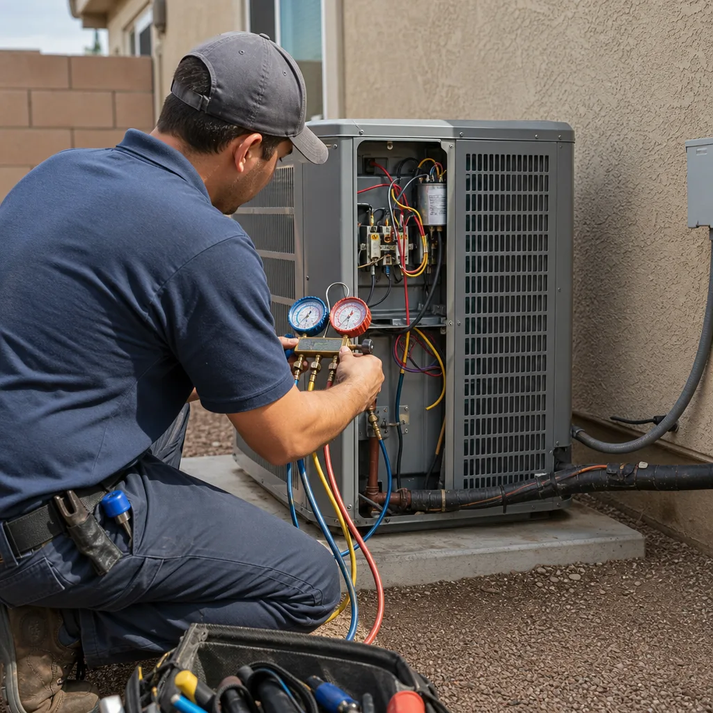 HVAC technician performing professional air conditioning system maintenance and repair