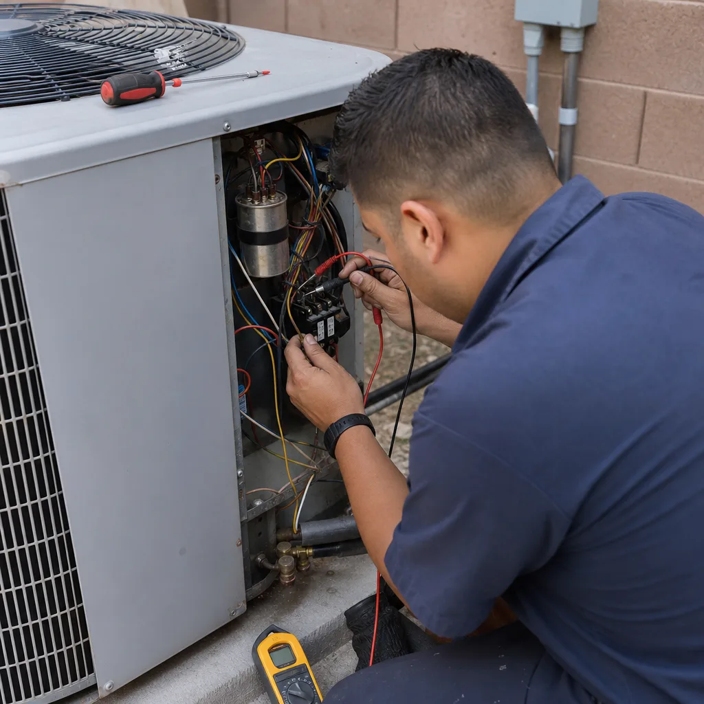 Technician using a multimeter to perform professional residential air conditioning repair