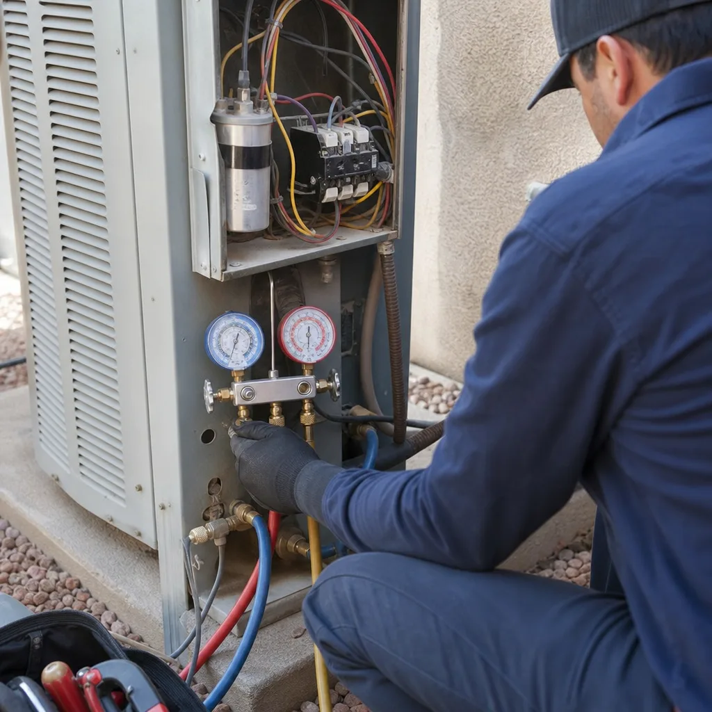 HVAC technician performing professional air conditioner repair and maintenance service