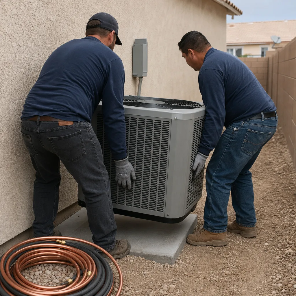 Two HVAC technicians installing a residential air conditioning unit nationwide