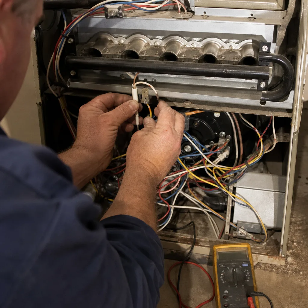 HVAC technician repairing residential furnace and electrical wiring