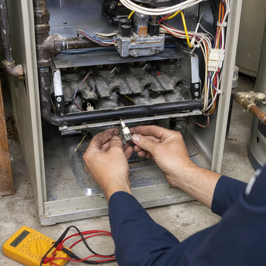HVAC technician repairing a furnace by inspecting the ignition sensor