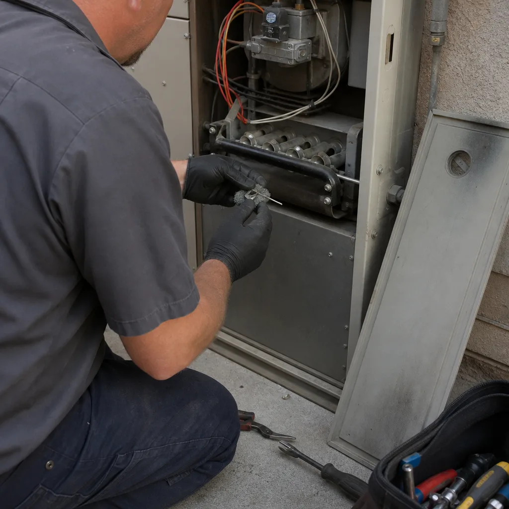 HVAC technician cleaning a furnace flame sensor during heating repair